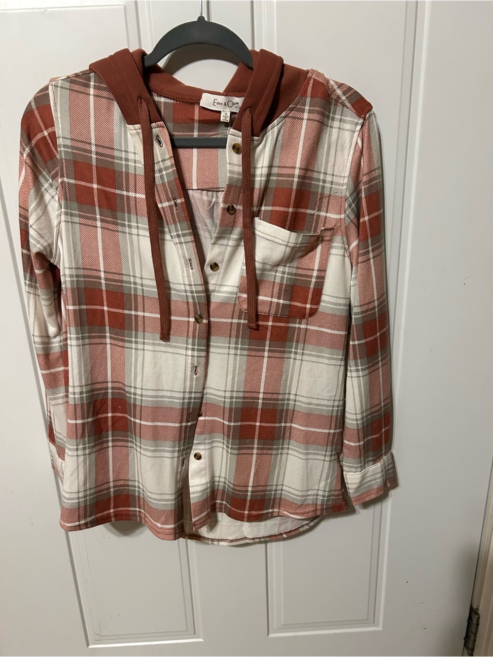 Eden & Olivia woman’s Rust Plaid Hoodie Button-Up Shirt